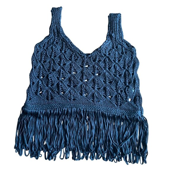 Zara Black Boho Open Weave Knit Crochet Fringe Tank Top Small - Picture 10 of 16